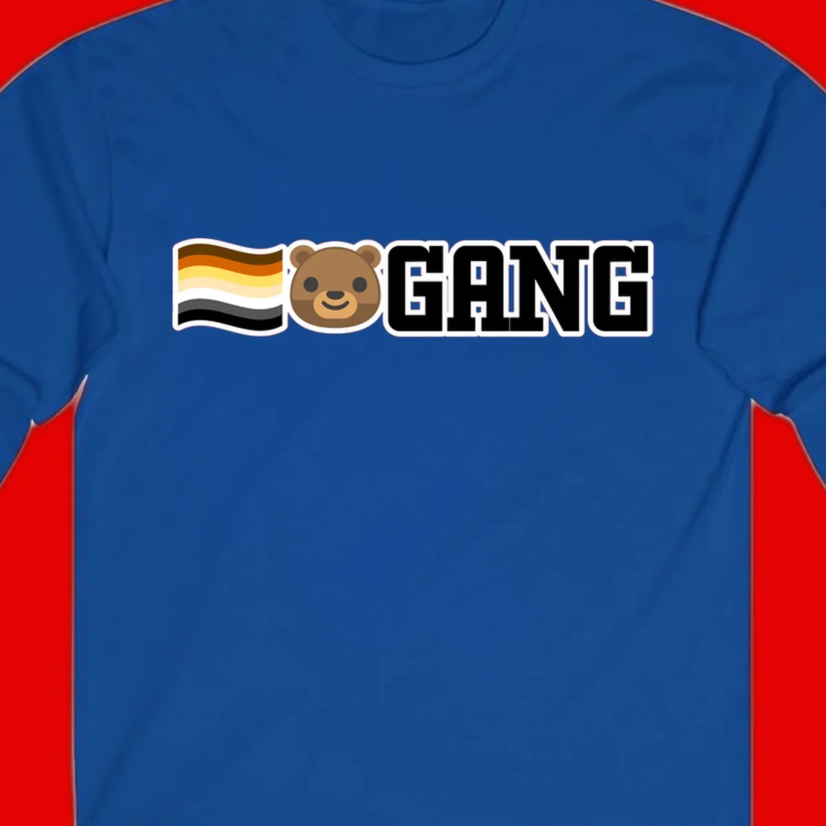 Bear gang pride design with smiling brown bear face, bear pride flag stripes, and bold 'GANG' text