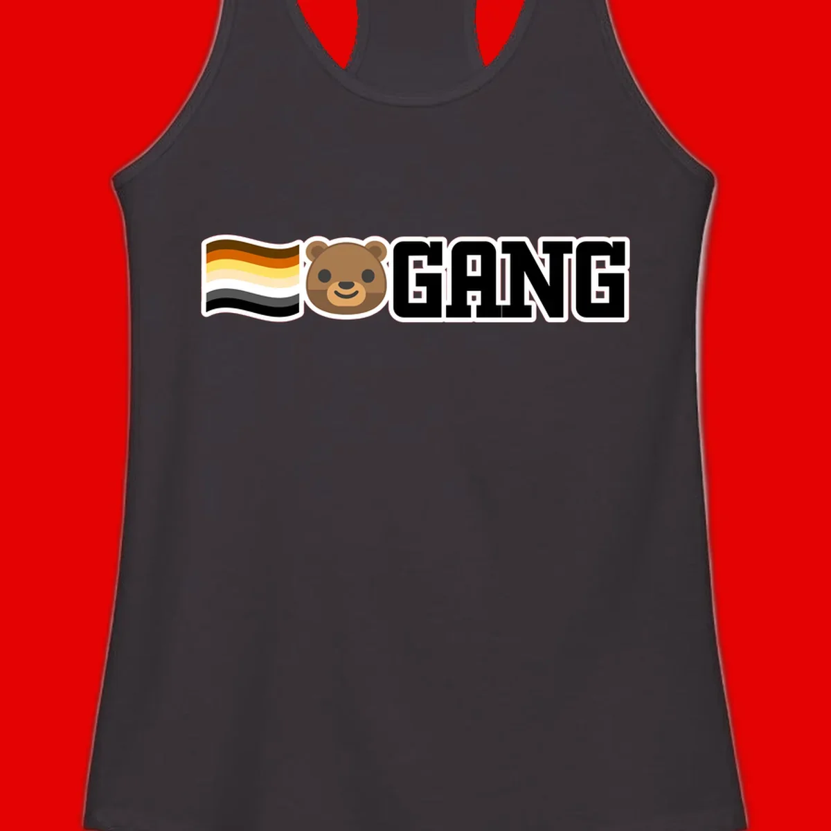 Bear gang pride design with smiling brown bear face, bear pride flag stripes, and bold 'GANG' text