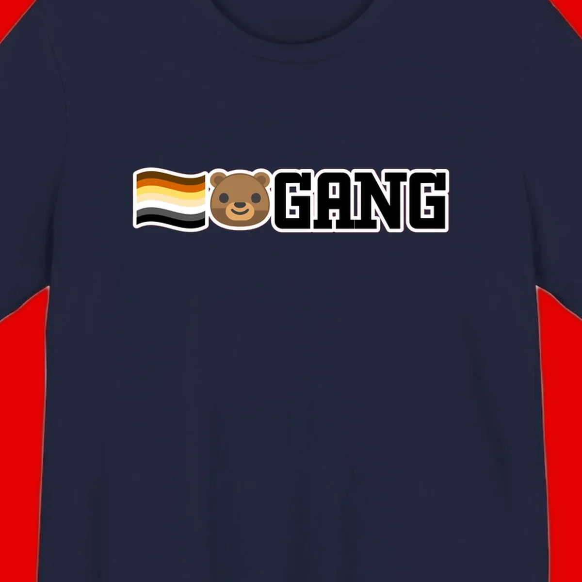 Bear gang pride design with smiling brown bear face, bear pride flag stripes, and bold 'GANG' text