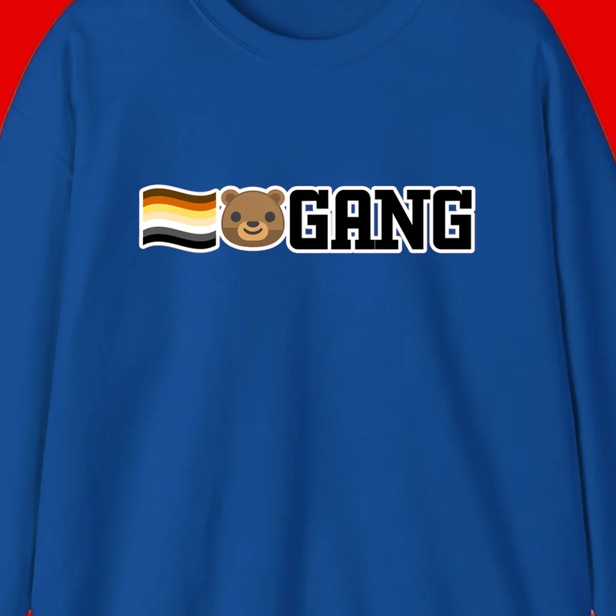 Bear gang pride design with smiling brown bear face, bear pride flag stripes, and bold 'GANG' text