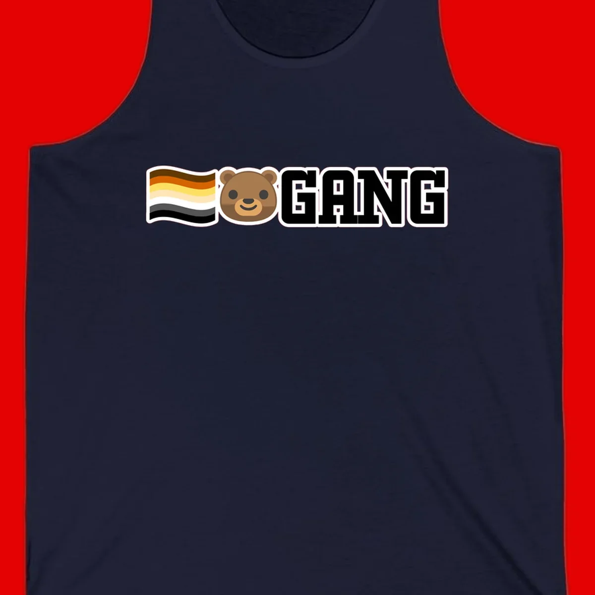Bear gang pride design with smiling brown bear face, bear pride flag stripes, and bold 'GANG' text