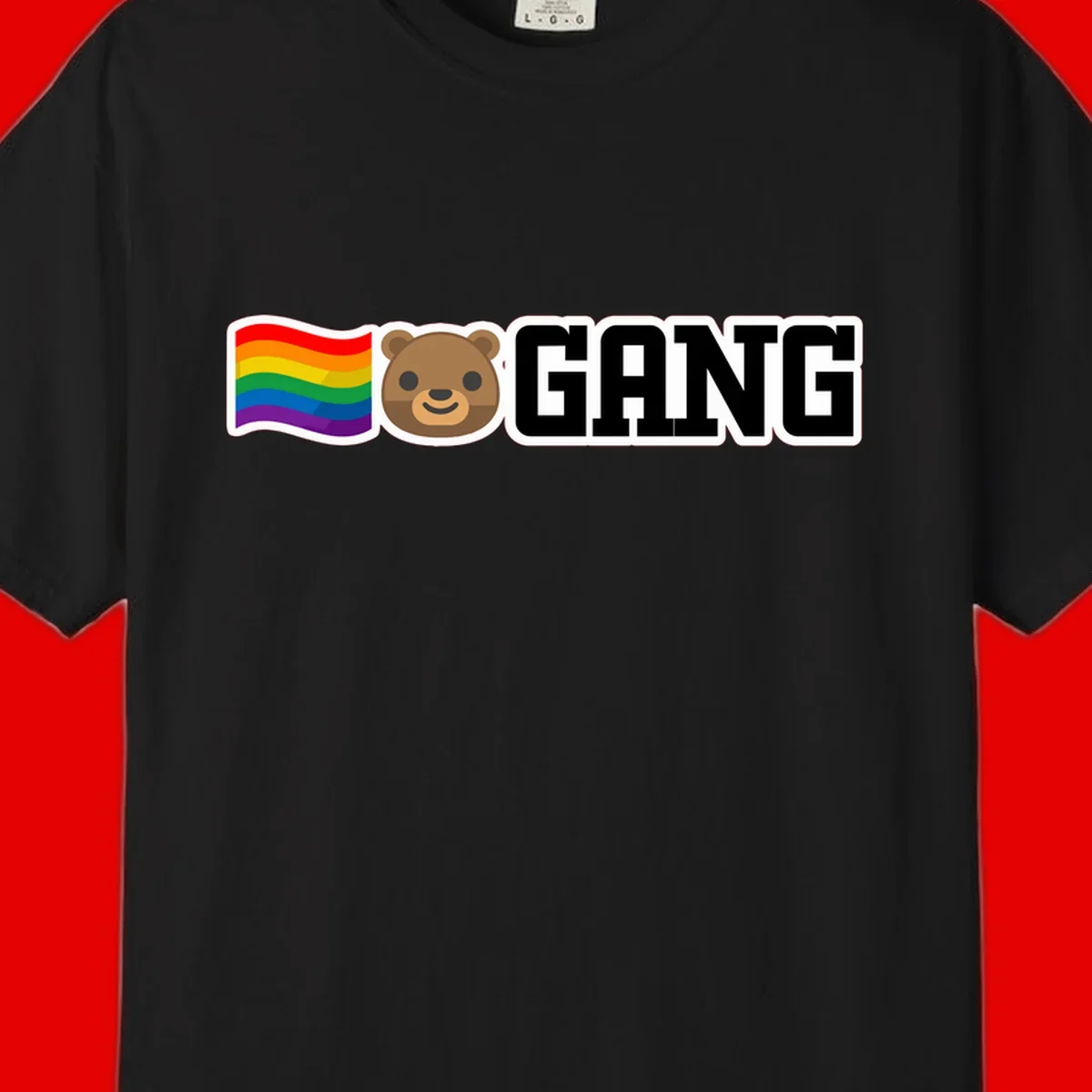 Bear gang pride design with rainbow flag, smiling bear face, and bold GANG text on gray background