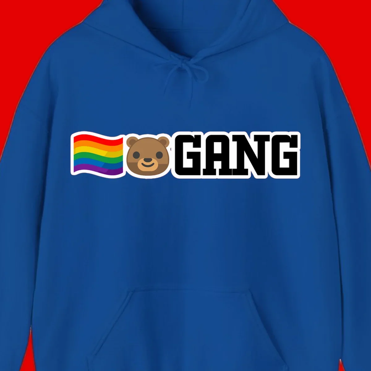Bear gang pride design with rainbow flag, smiling bear face, and bold GANG text on gray background