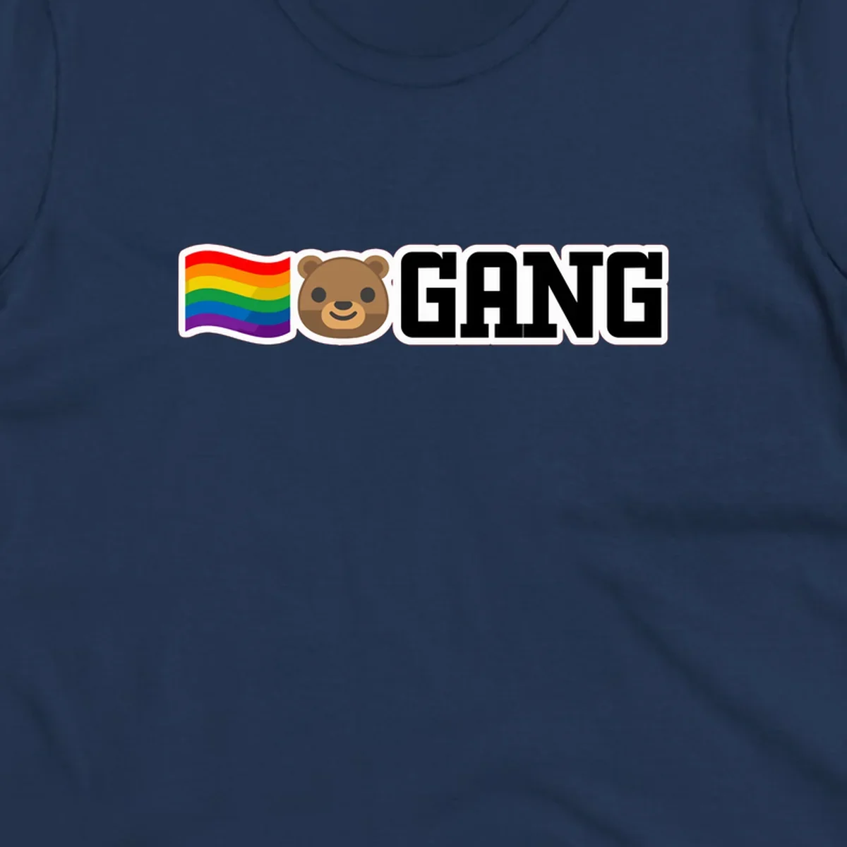 Bear gang pride design with rainbow flag, smiling bear face, and bold GANG text on gray background