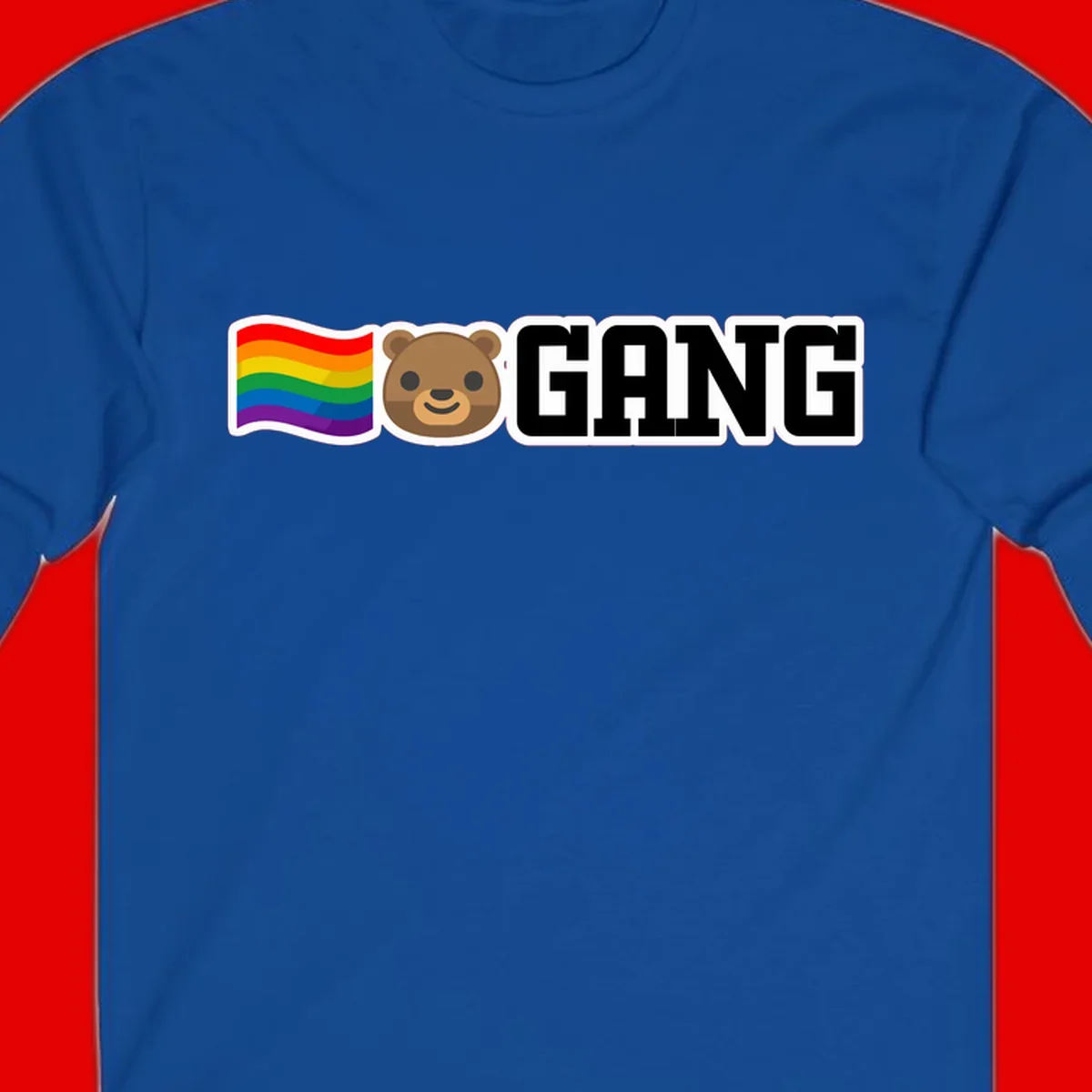 Bear gang pride design with rainbow flag, smiling bear face, and bold GANG text on gray background