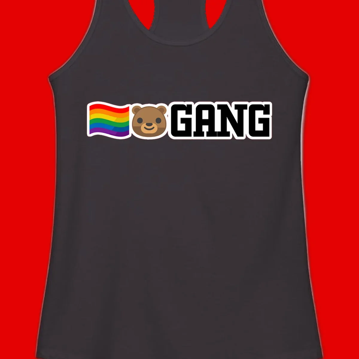 Bear gang pride design with rainbow flag, smiling bear face, and bold GANG text on gray background