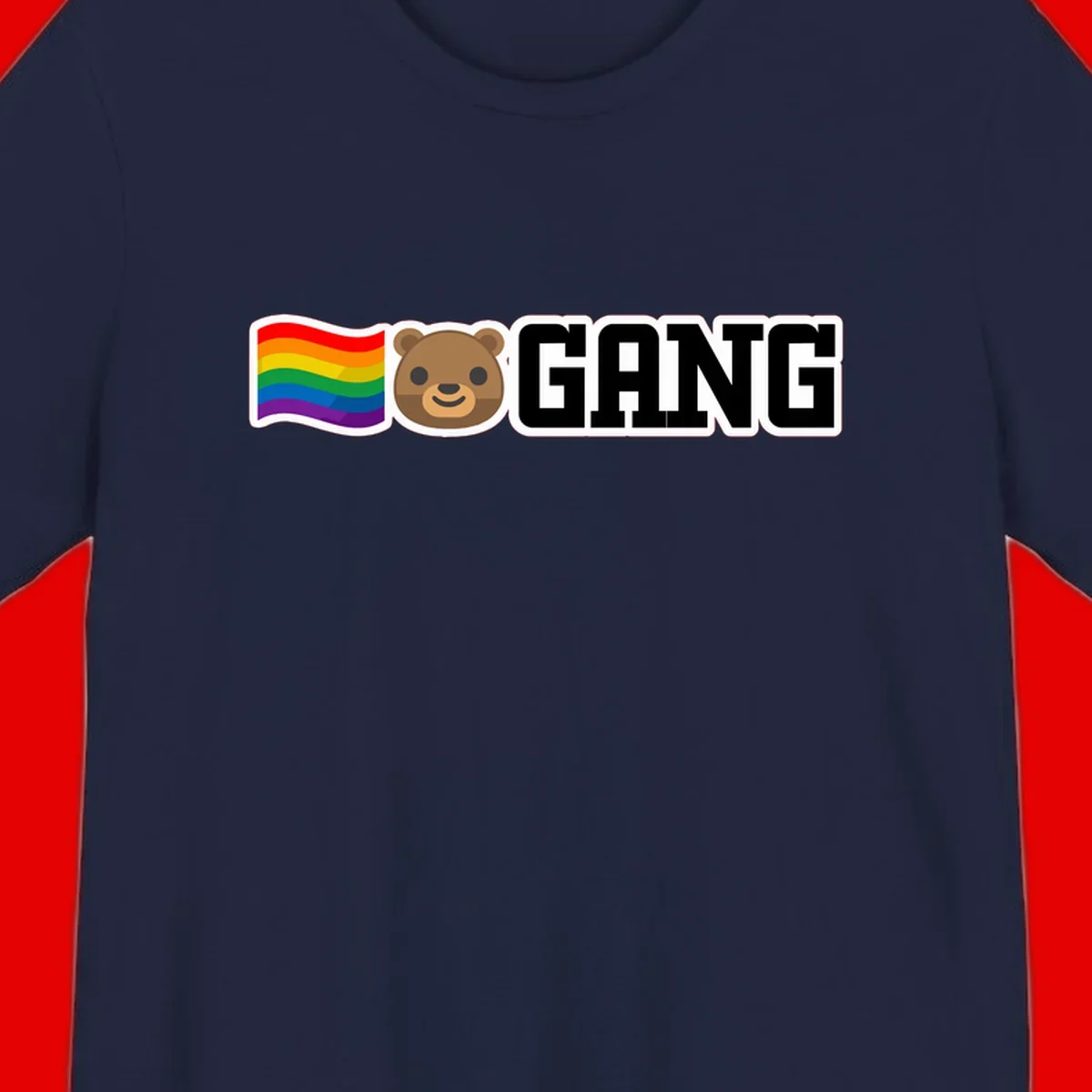 Bear gang pride design with rainbow flag, smiling bear face, and bold GANG text on gray background