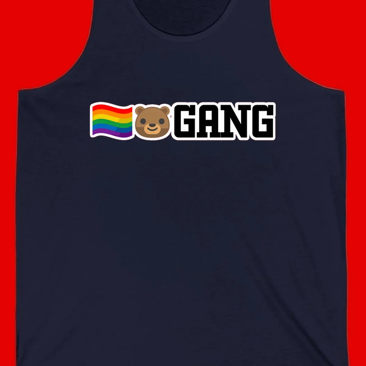 Bear gang pride design with rainbow flag, smiling bear face, and bold GANG text on gray background