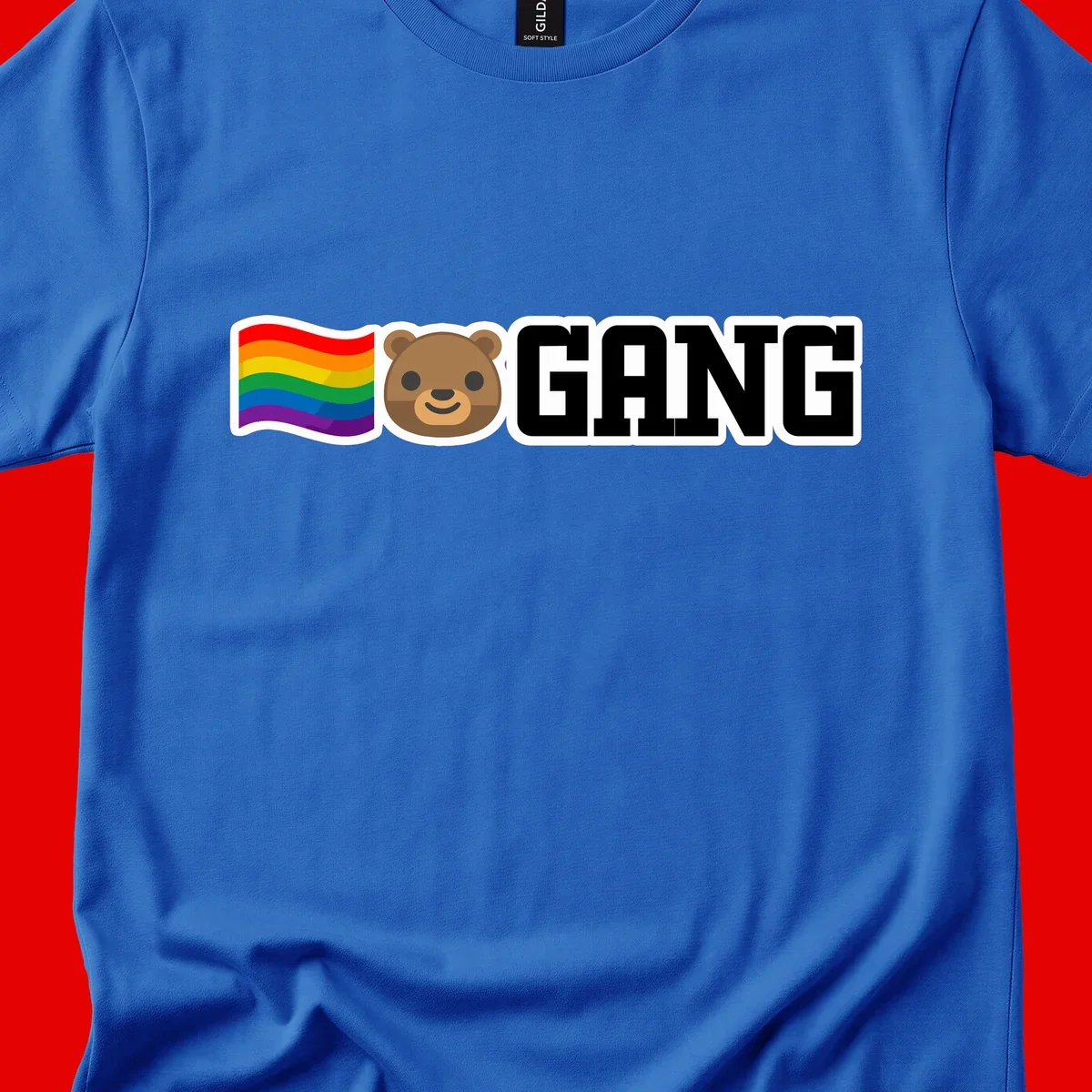 Bear gang pride design with rainbow flag, smiling bear face, and bold GANG text on gray background