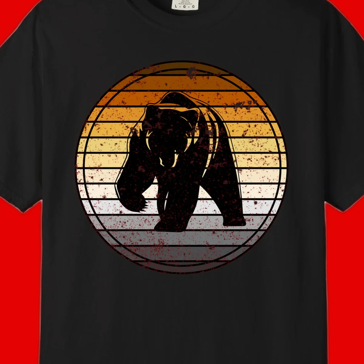 Retro bear sunset design with horizontal gradient stripes in orange, yellow, and cream tones on distressed background