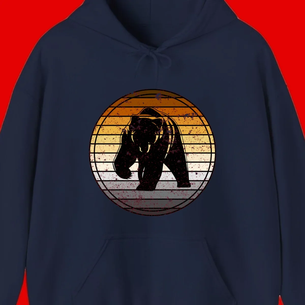 Retro bear sunset design with horizontal gradient stripes in orange, yellow, and cream tones on distressed background