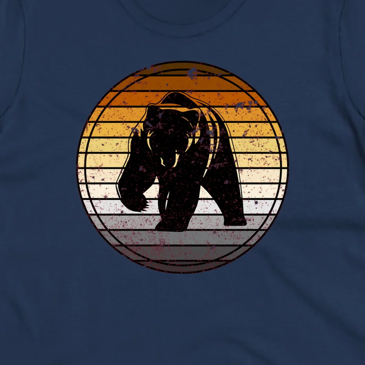 Retro bear sunset design with horizontal gradient stripes in orange, yellow, and cream tones on distressed background