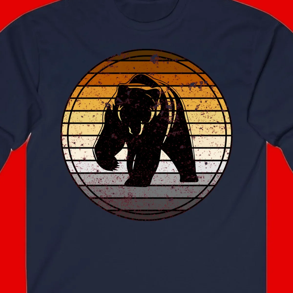 Retro bear sunset design with horizontal gradient stripes in orange, yellow, and cream tones on distressed background
