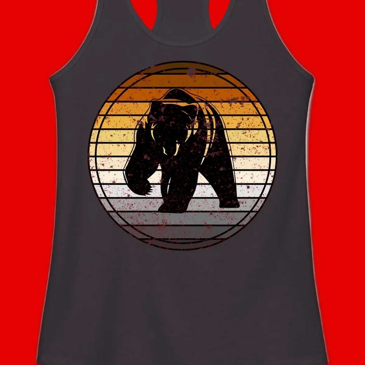 Retro bear sunset design with horizontal gradient stripes in orange, yellow, and cream tones on distressed background