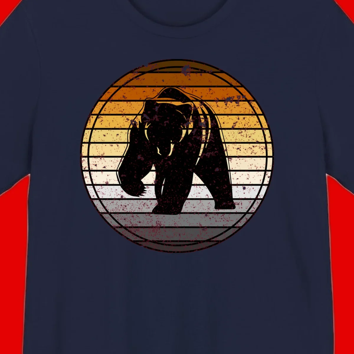 Retro bear sunset design with horizontal gradient stripes in orange, yellow, and cream tones on distressed background