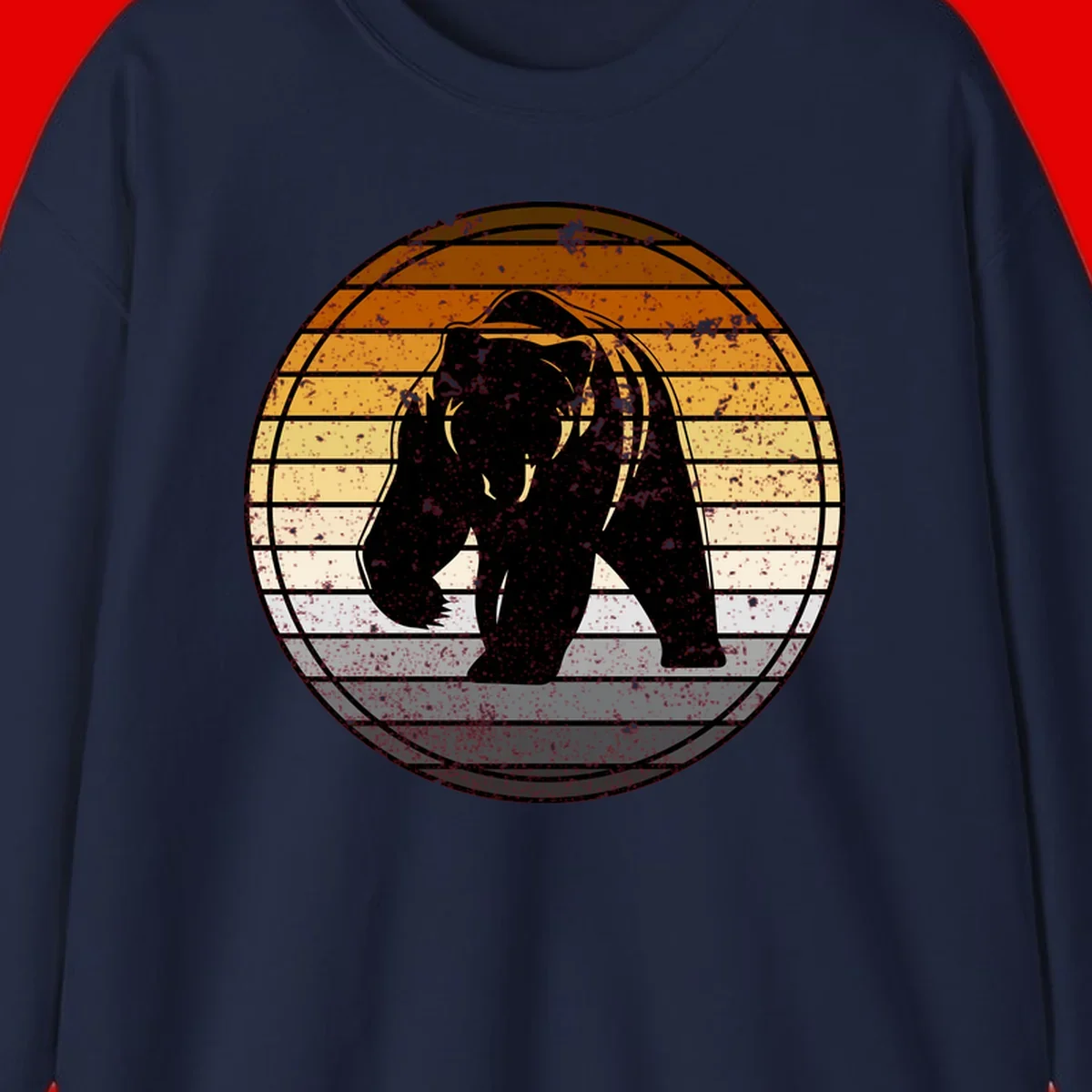 Retro bear sunset design with horizontal gradient stripes in orange, yellow, and cream tones on distressed background