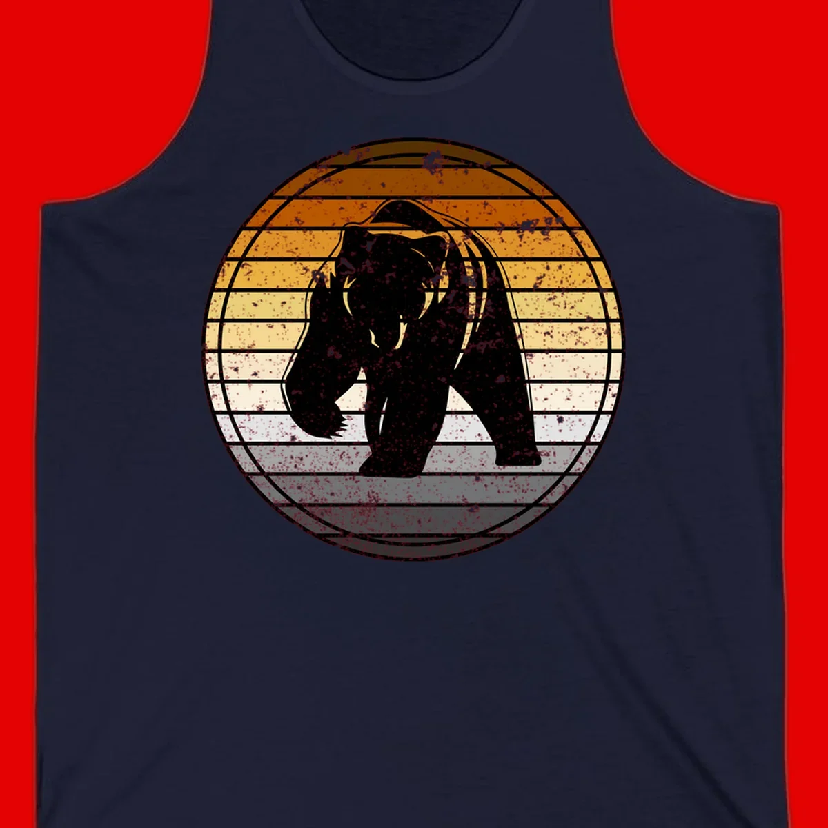 Retro bear sunset design with horizontal gradient stripes in orange, yellow, and cream tones on distressed background