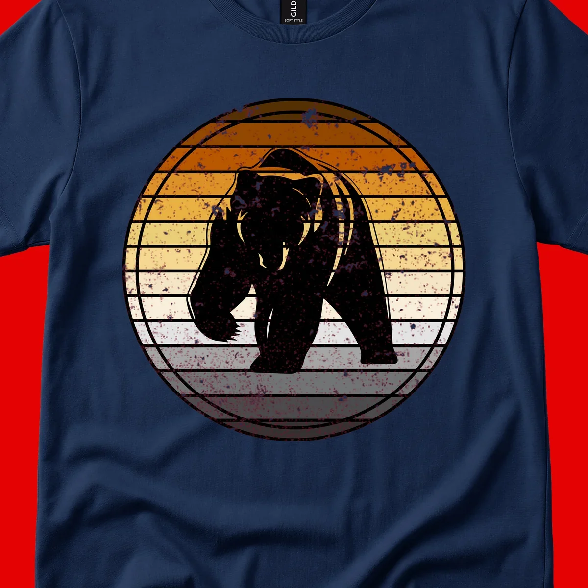 Retro bear sunset design with horizontal gradient stripes in orange, yellow, and cream tones on distressed background