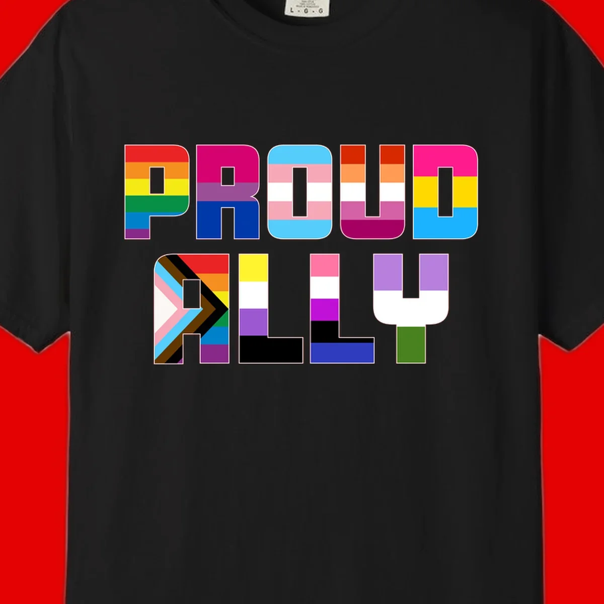 Colorful alphabet letters constructed from pride flags including rainbow, trans, and intersex designs on gray background