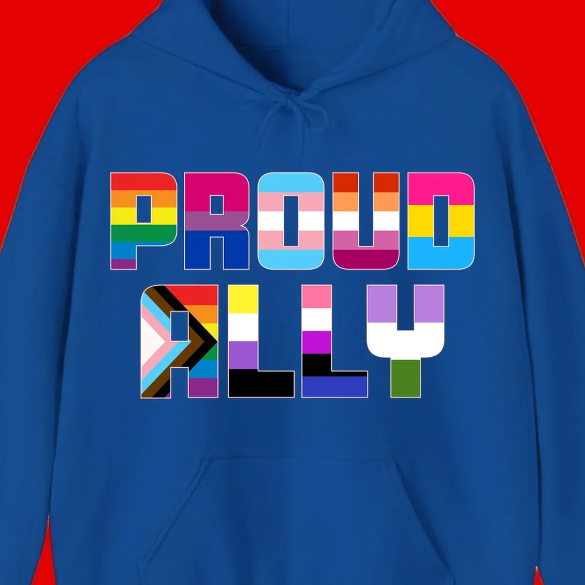 Colorful alphabet letters constructed from pride flags including rainbow, trans, and intersex designs on gray background
