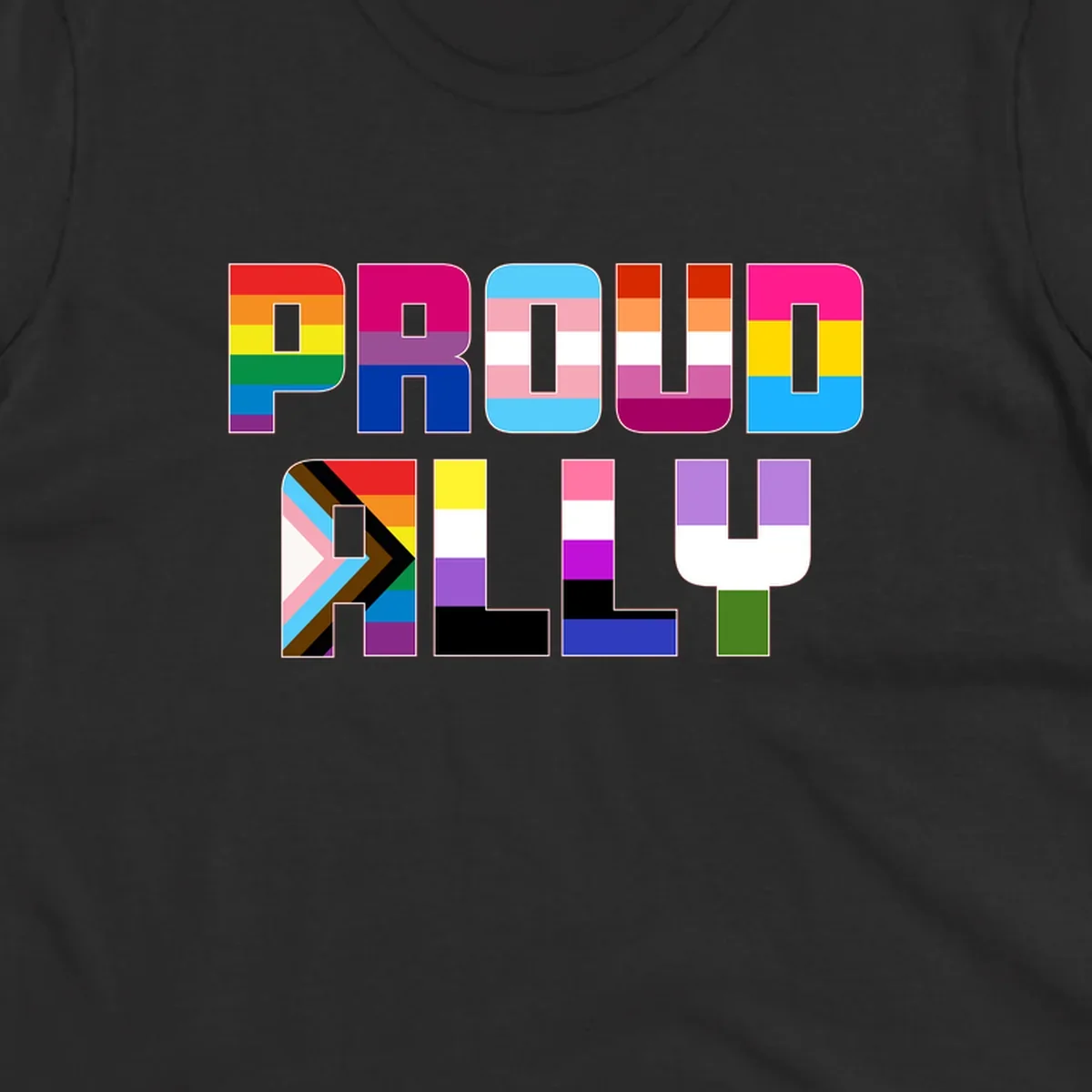 Colorful alphabet letters constructed from pride flags including rainbow, trans, and intersex designs on gray background
