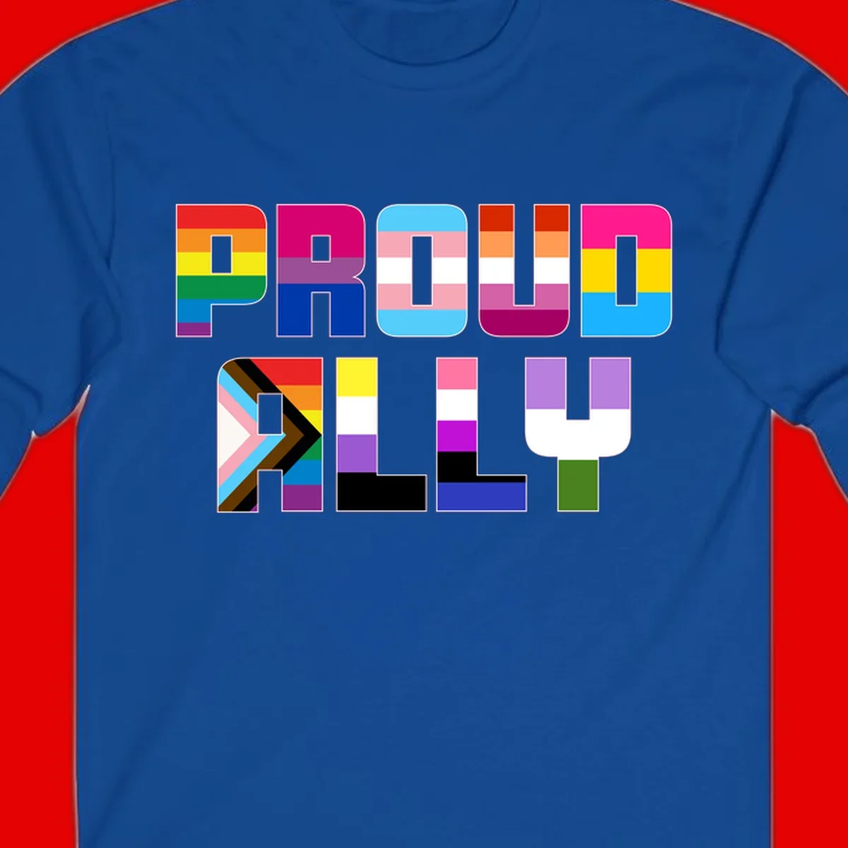 Colorful alphabet letters constructed from pride flags including rainbow, trans, and intersex designs on gray background