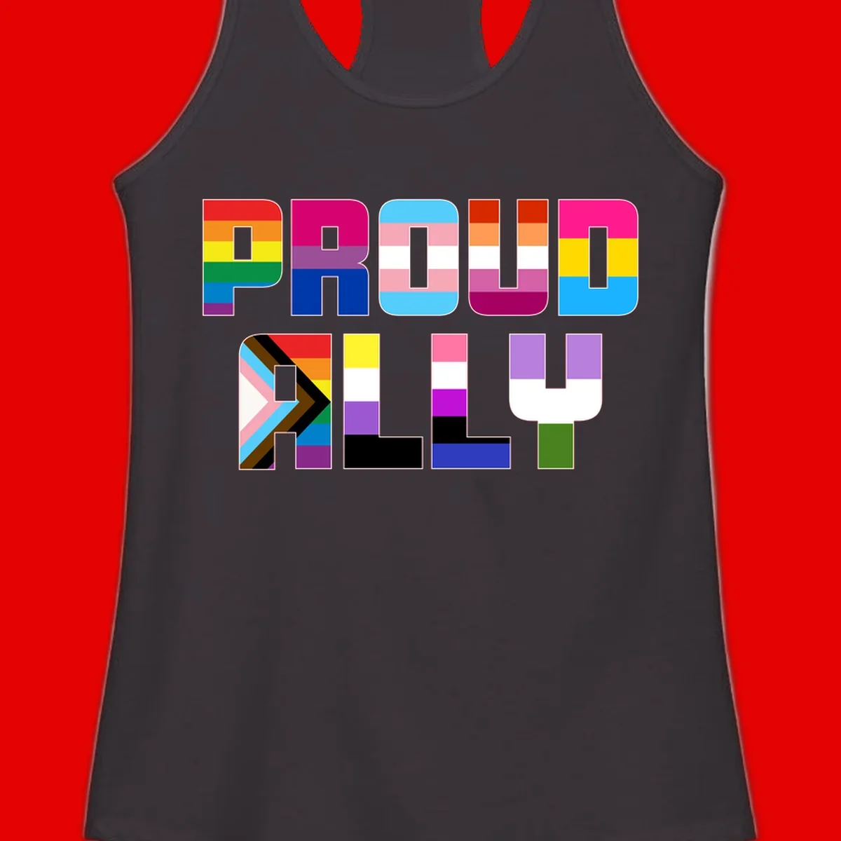 Colorful alphabet letters constructed from pride flags including rainbow, trans, and intersex designs on gray background
