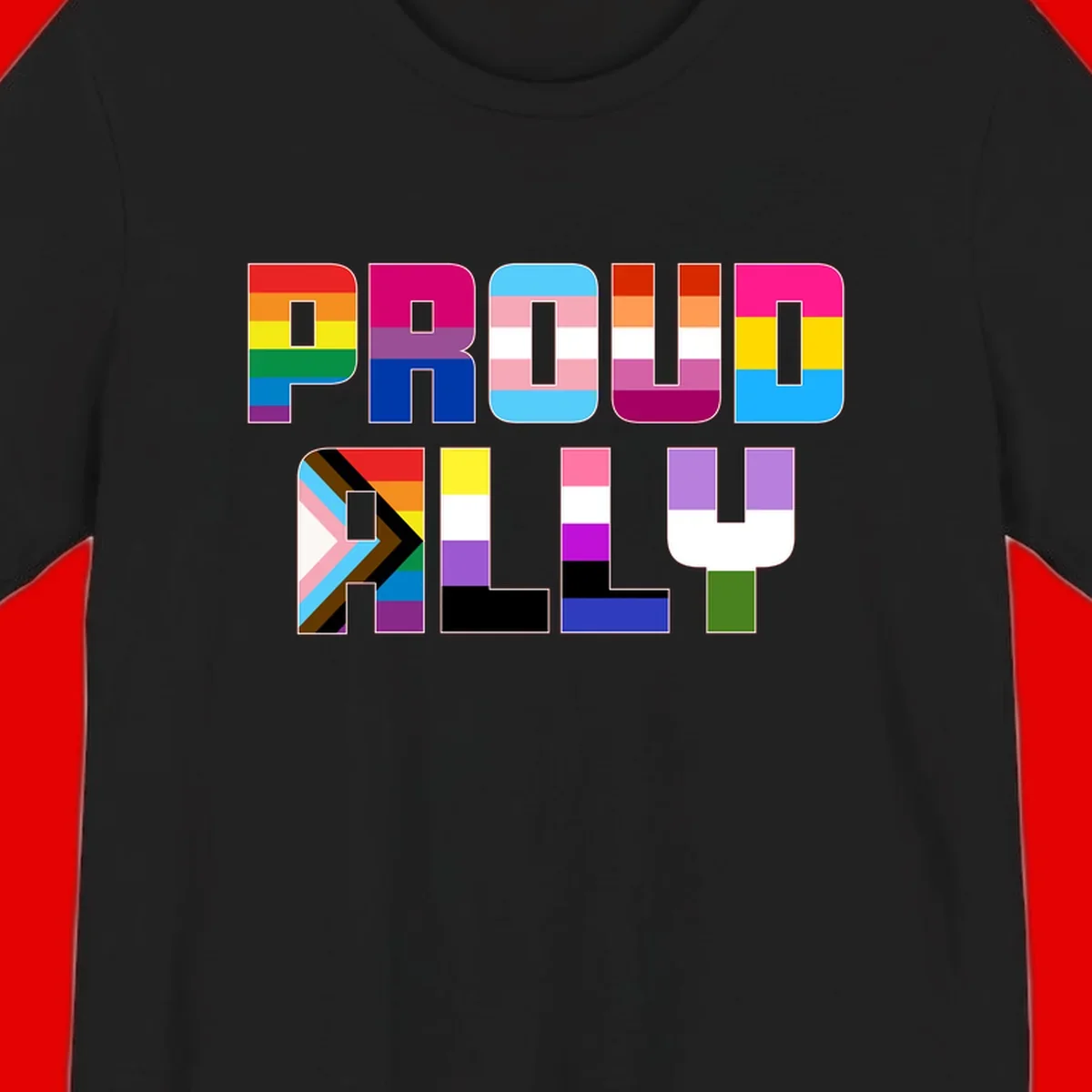 Colorful alphabet letters constructed from pride flags including rainbow, trans, and intersex designs on gray background
