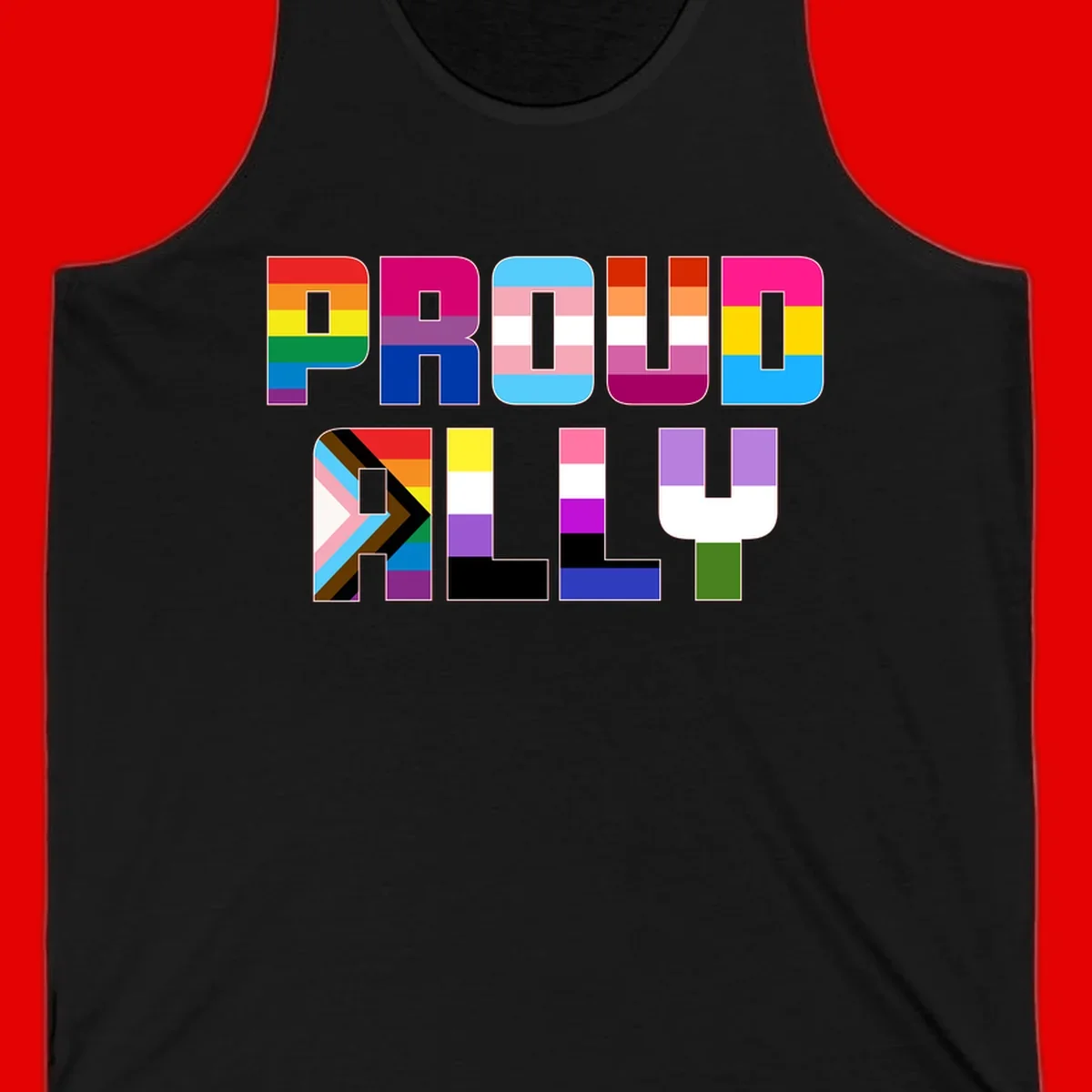 Colorful alphabet letters constructed from pride flags including rainbow, trans, and intersex designs on gray background