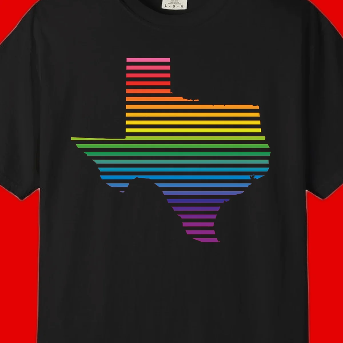 Rainbow pride spectrum design with cascading horizontal bars transitioning through all pride flag colors from pink to purple