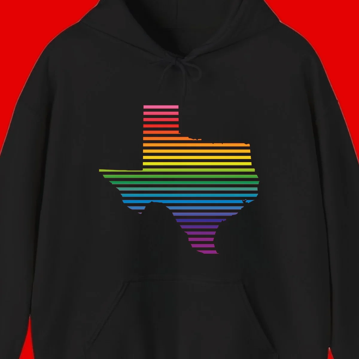 Rainbow pride spectrum design with cascading horizontal bars transitioning through all pride flag colors from pink to purple