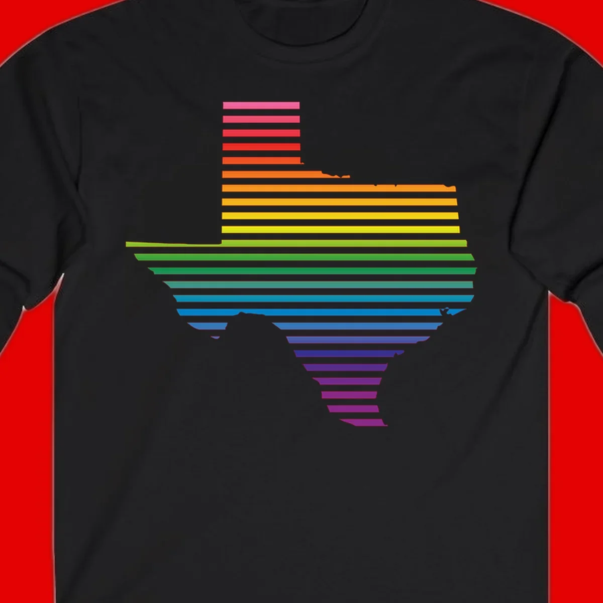 Rainbow pride spectrum design with cascading horizontal bars transitioning through all pride flag colors from pink to purple