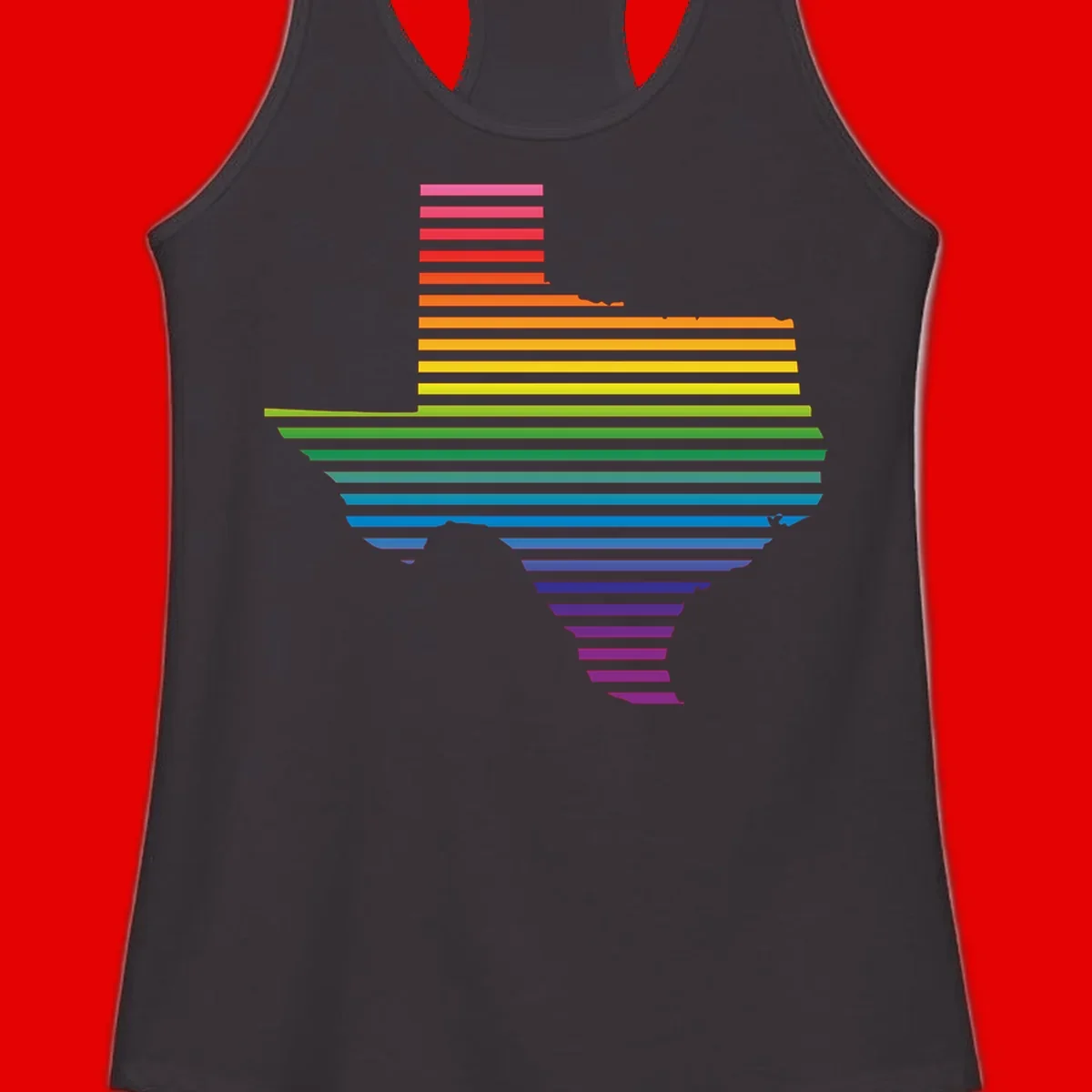 Rainbow pride spectrum design with cascading horizontal bars transitioning through all pride flag colors from pink to purple