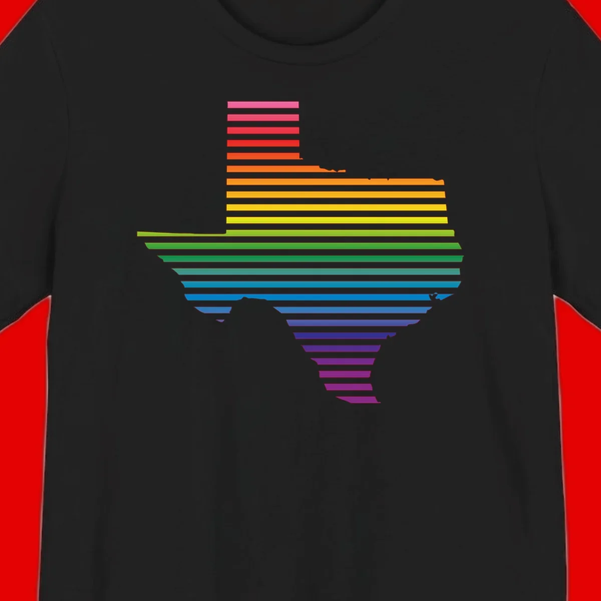 Rainbow pride spectrum design with cascading horizontal bars transitioning through all pride flag colors from pink to purple