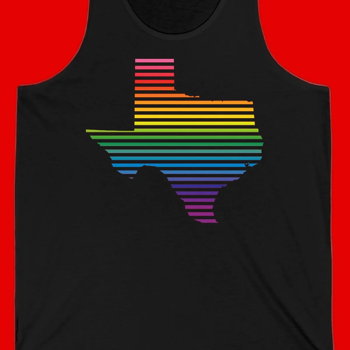 Rainbow pride spectrum design with cascading horizontal bars transitioning through all pride flag colors from pink to purple