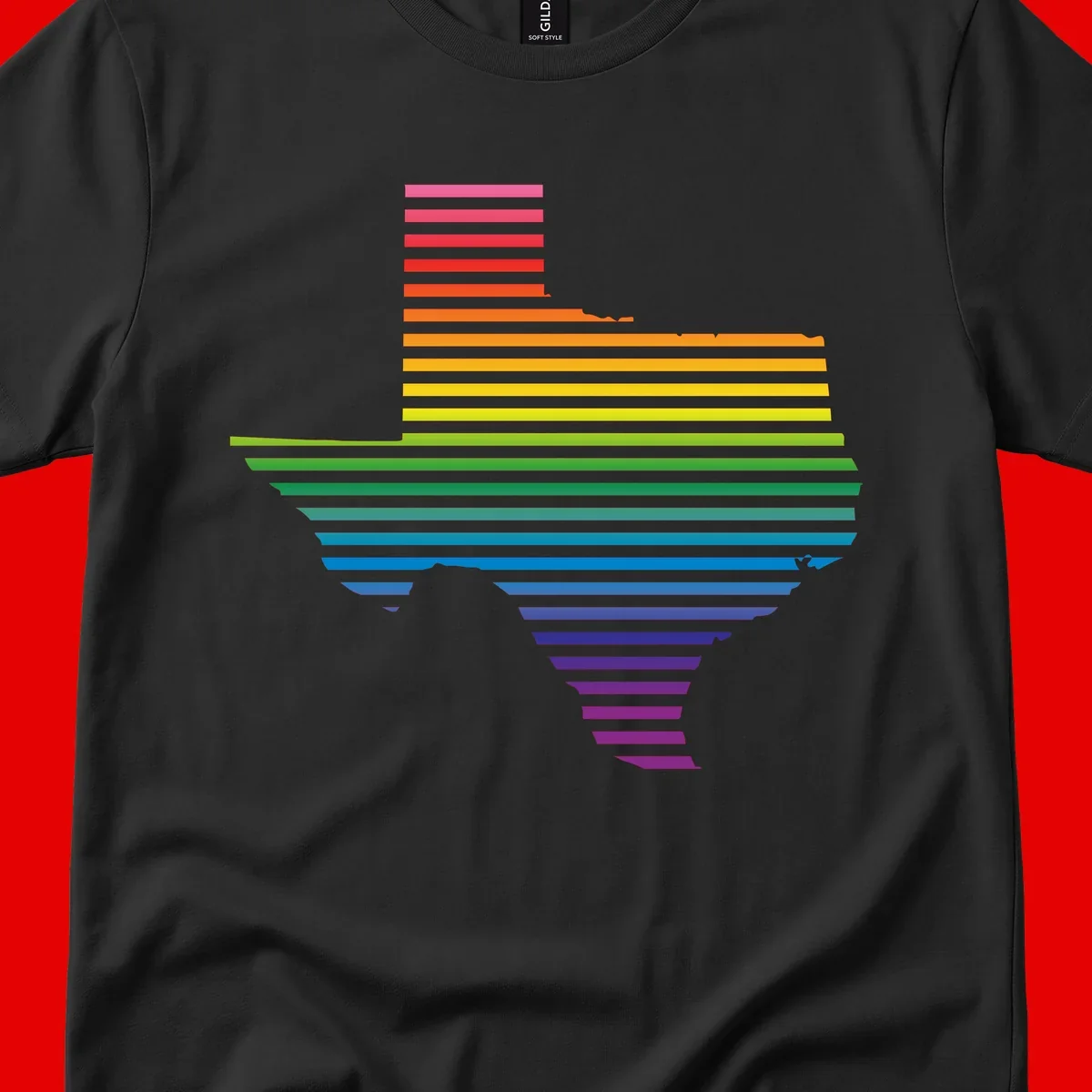 Rainbow pride spectrum design with cascading horizontal bars transitioning through all pride flag colors from pink to purple