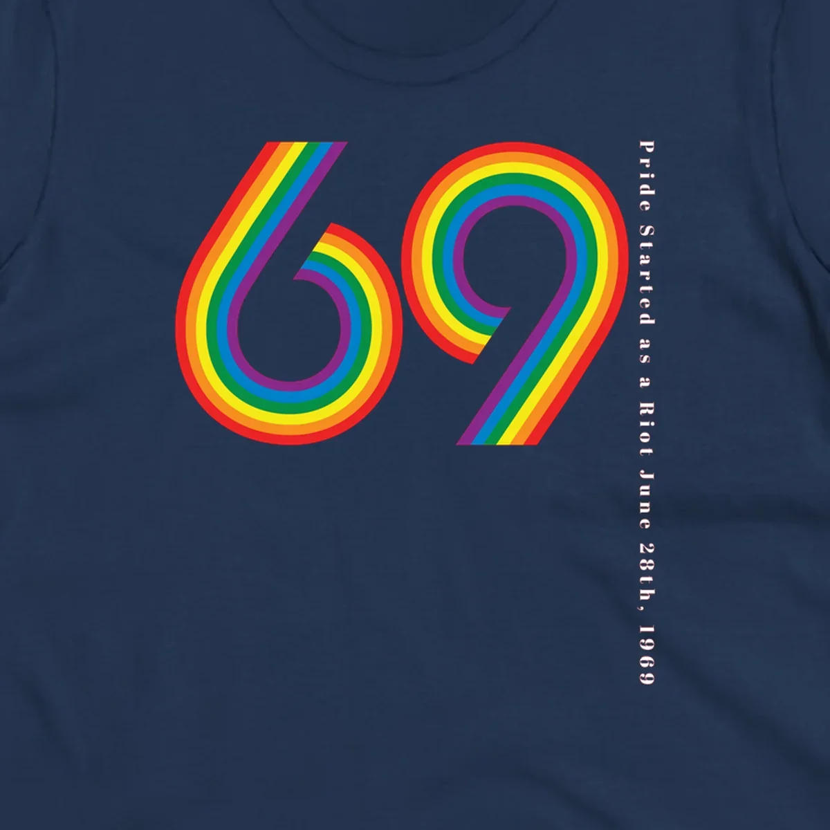Rainbow-striped numbers 69 with text 'Pride Started as a Riot June 28th, 1969' celebrating Stonewall Pride anniversary