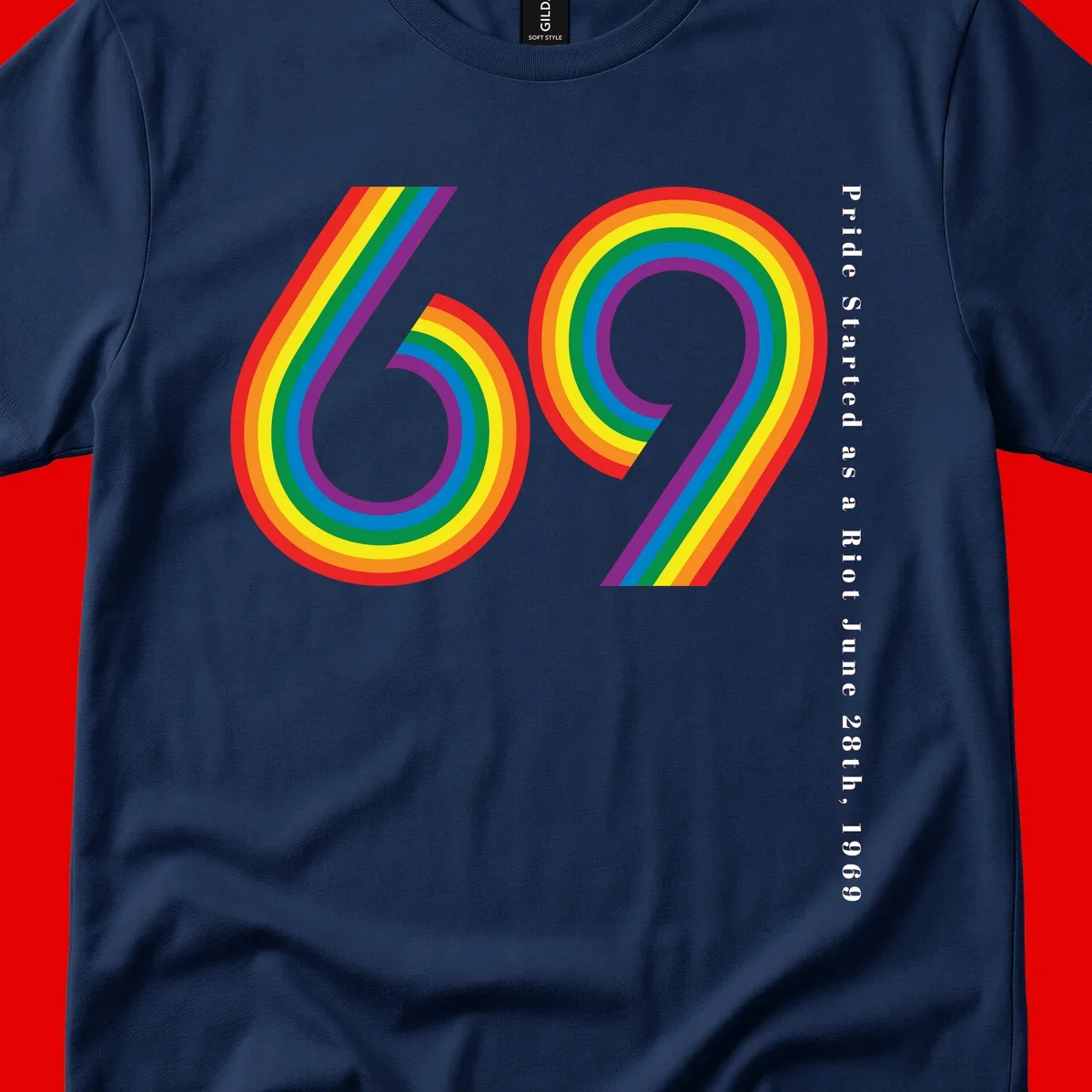 Rainbow-striped numbers 69 with text 'Pride Started as a Riot June 28th, 1969' celebrating Stonewall Pride anniversary
