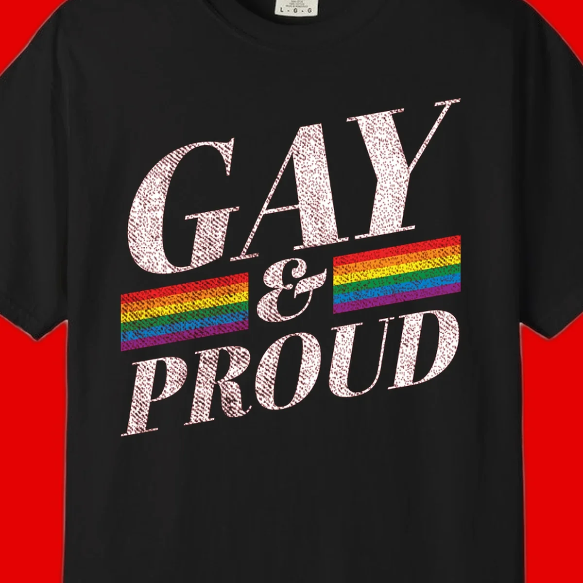 Gay and proud pride design with large white textured letters and rainbow flag stripes on gray background