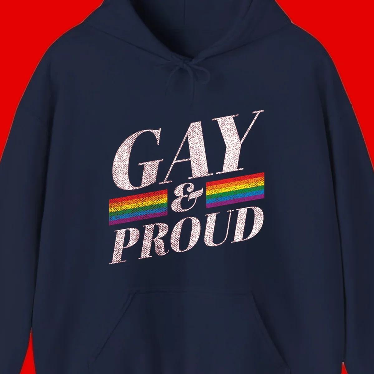 Gay and proud pride design with large white textured letters and rainbow flag stripes on gray background