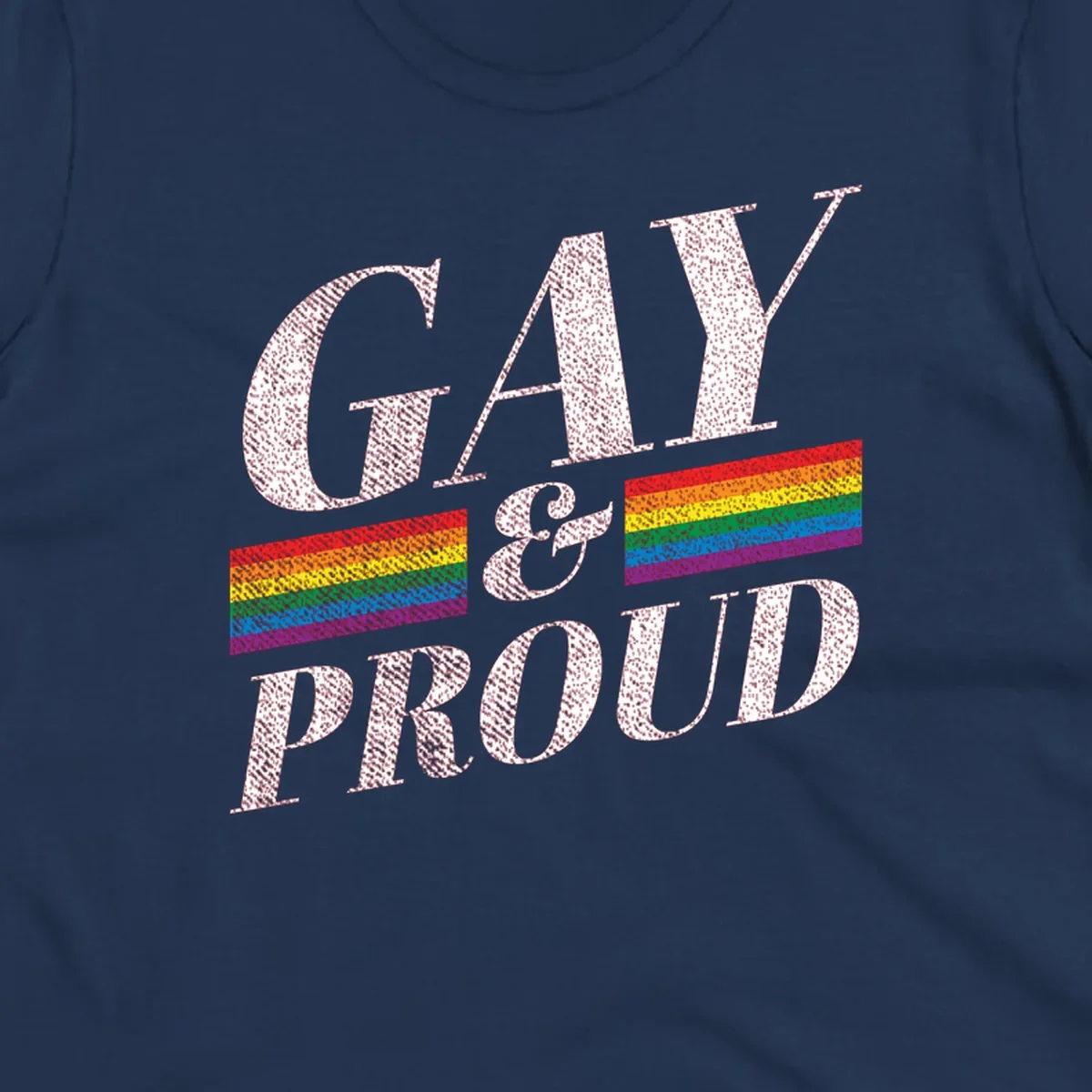 Gay and proud pride design with large white textured letters and rainbow flag stripes on gray background
