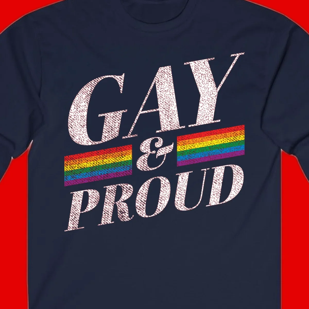 Gay and proud pride design with large white textured letters and rainbow flag stripes on gray background