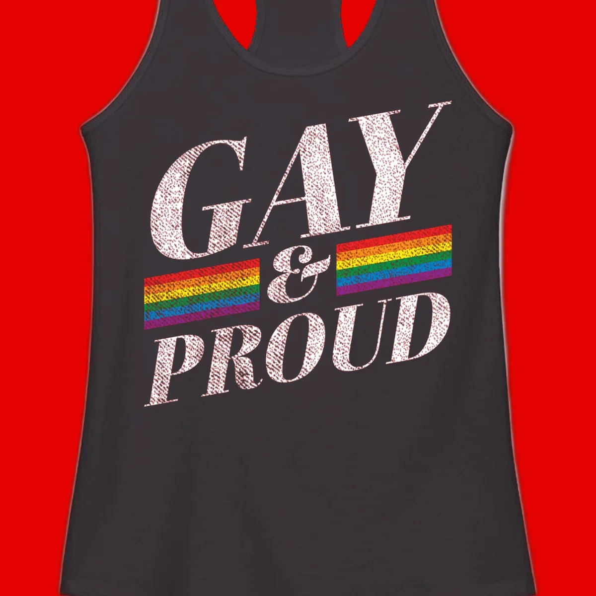 Gay and proud pride design with large white textured letters and rainbow flag stripes on gray background