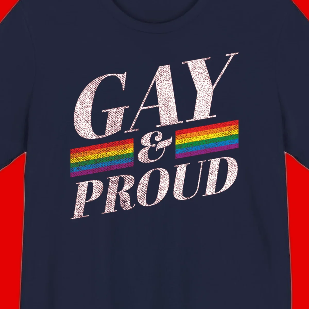 Gay and proud pride design with large white textured letters and rainbow flag stripes on gray background