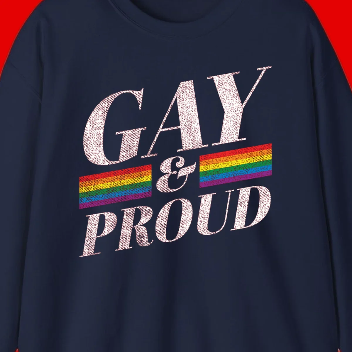 Gay and proud pride design with large white textured letters and rainbow flag stripes on gray background