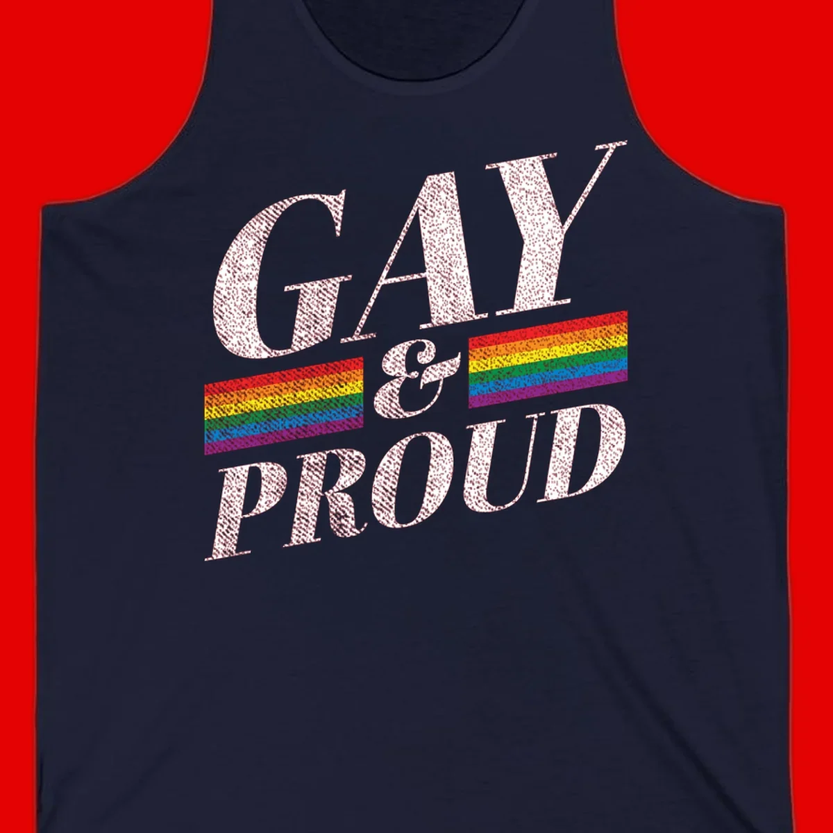 Gay and proud pride design with large white textured letters and rainbow flag stripes on gray background