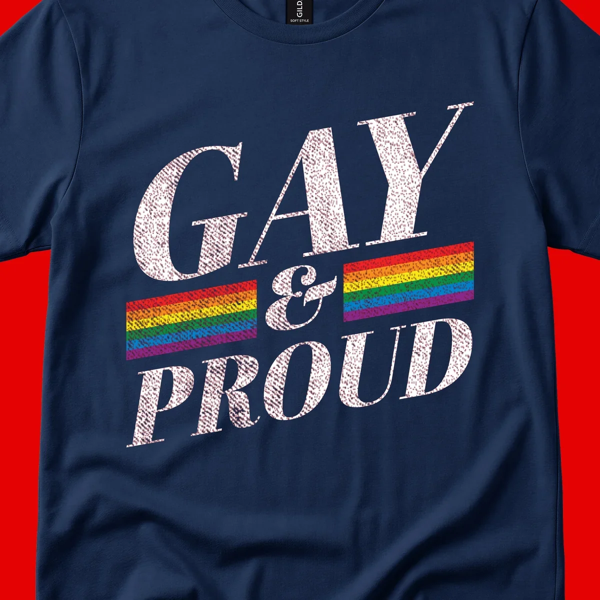 Gay and proud pride design with large white textured letters and rainbow flag stripes on gray background