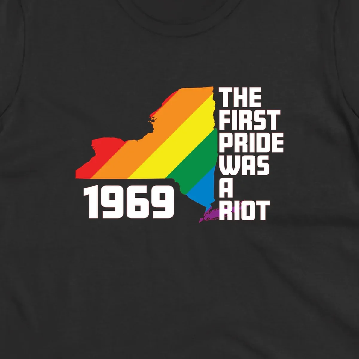 New York state map filled with rainbow pride stripes and text reading 'The First Pride Was A Riot 1969'