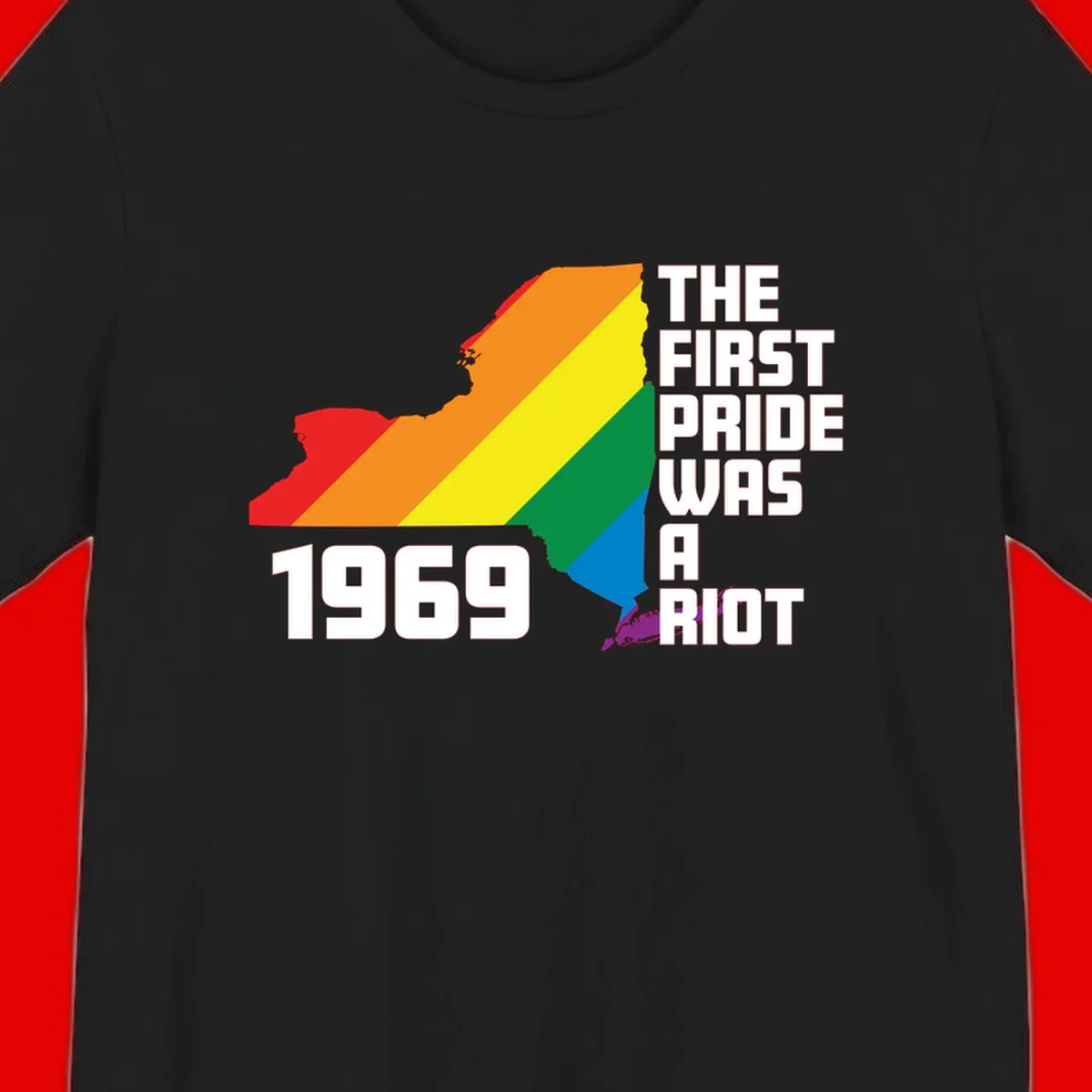 New York state map filled with rainbow pride stripes and text reading 'The First Pride Was A Riot 1969'
