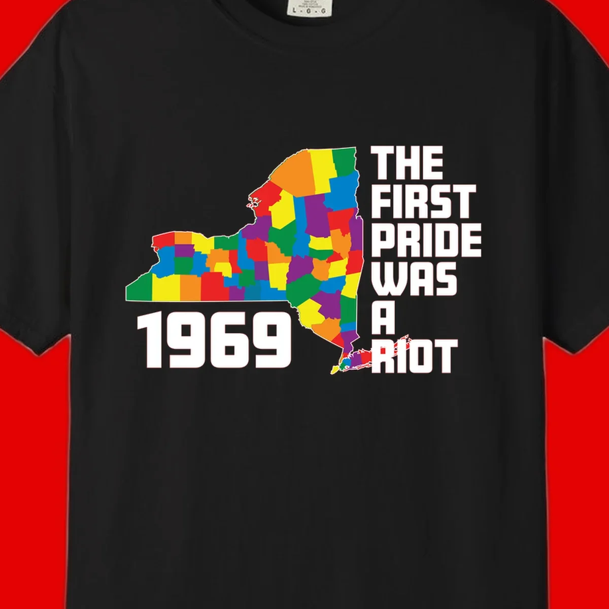 Colorful New York state map with rainbow-filled counties honoring the first pride riot of 1969